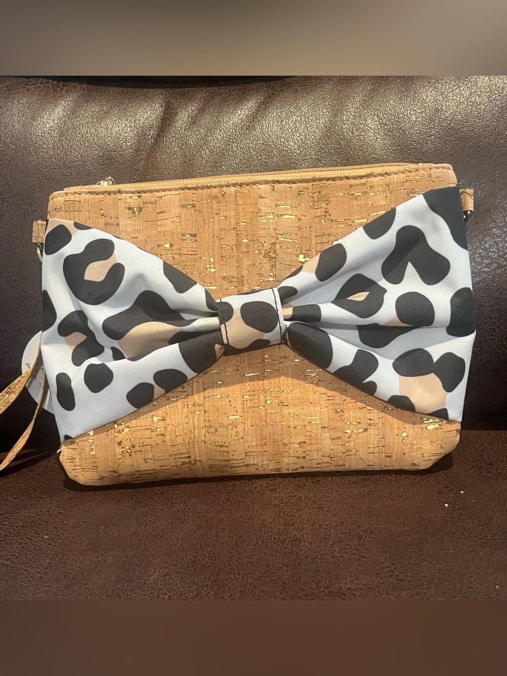 Cork Bow Wristlet Clutch with Leopard Print Bow